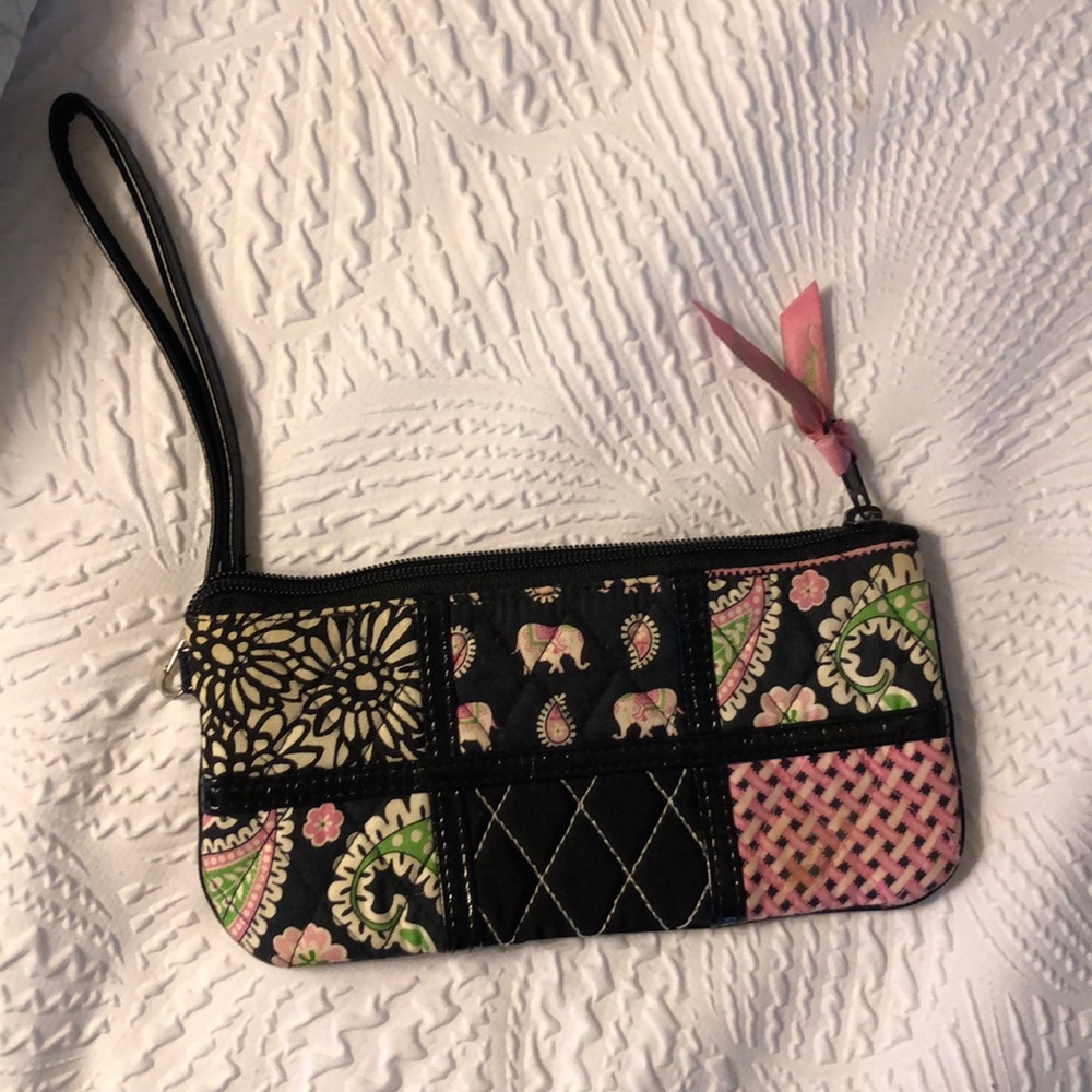 Vera Bradley black and pink elephant wristlet.
